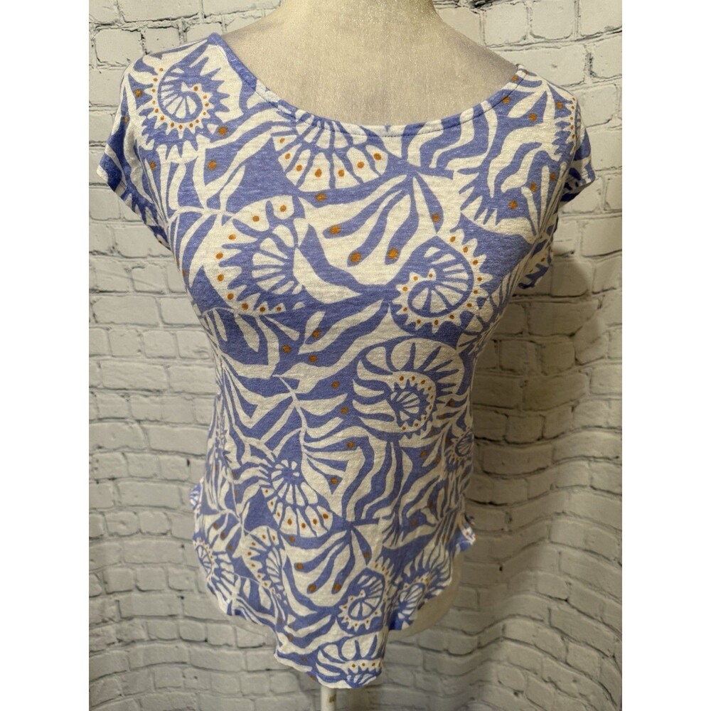 Nicole Miller New York Linen Top Blue Ivory Abstract Seashell Botanical Print S